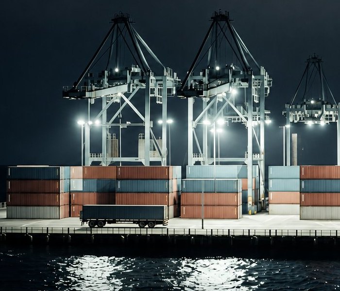 Stacked shipping containers and a truck beneath port cranes at night